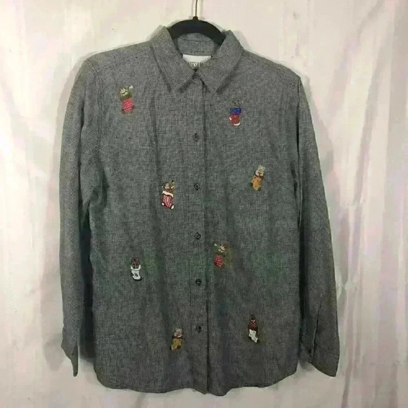 Casey and Max Black and White Womens Size M Christmas Checkered Button-Up Blouse - Picture 1 of 6